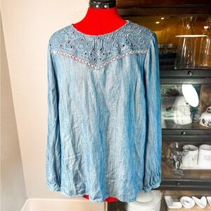 Talbots Blue Chambray Embroidered Blouse Large L Tencel Lyocell Long Sleeve Top